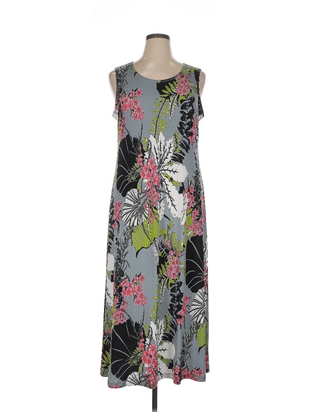 Attitudes by Renee Floral Sleeveless Maxi Dress in Gray, Pink, Black & Green